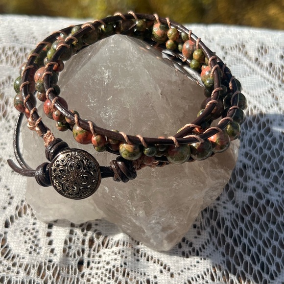 Hand Crafted Jewelry - HM048 Double leather wrap Unikite bracelet with vintage metal button closure.